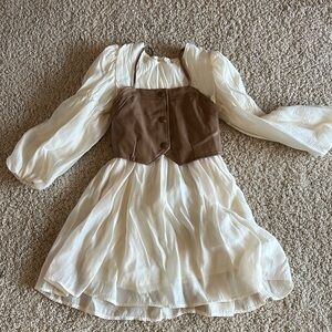 Cream Dress with Brown Vest Overlay